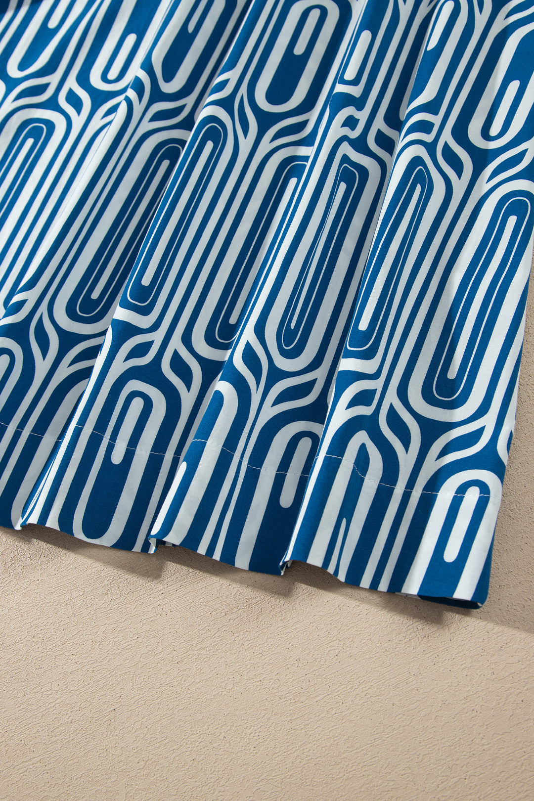 Blue Geometric Print Short Sleeve Drawstring Shirt Collar Dress