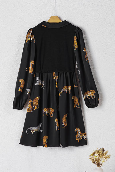 Black Vivid Leopard Print Long Sleeve Swing Dress