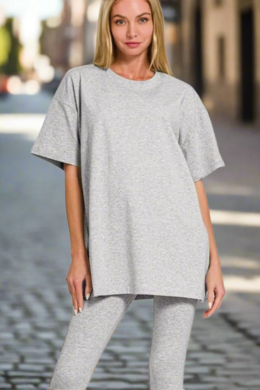 Zenana Cotton Round Neck Top &amp; Legging Set