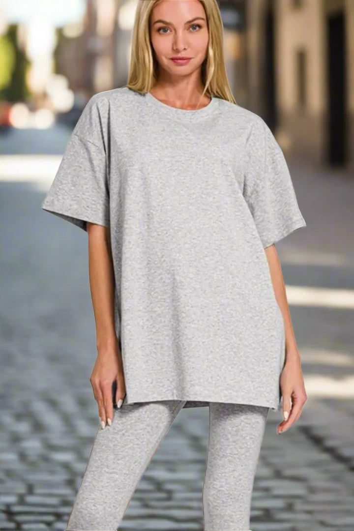 Zenana Cotton Round Neck Top &amp; Legging Set