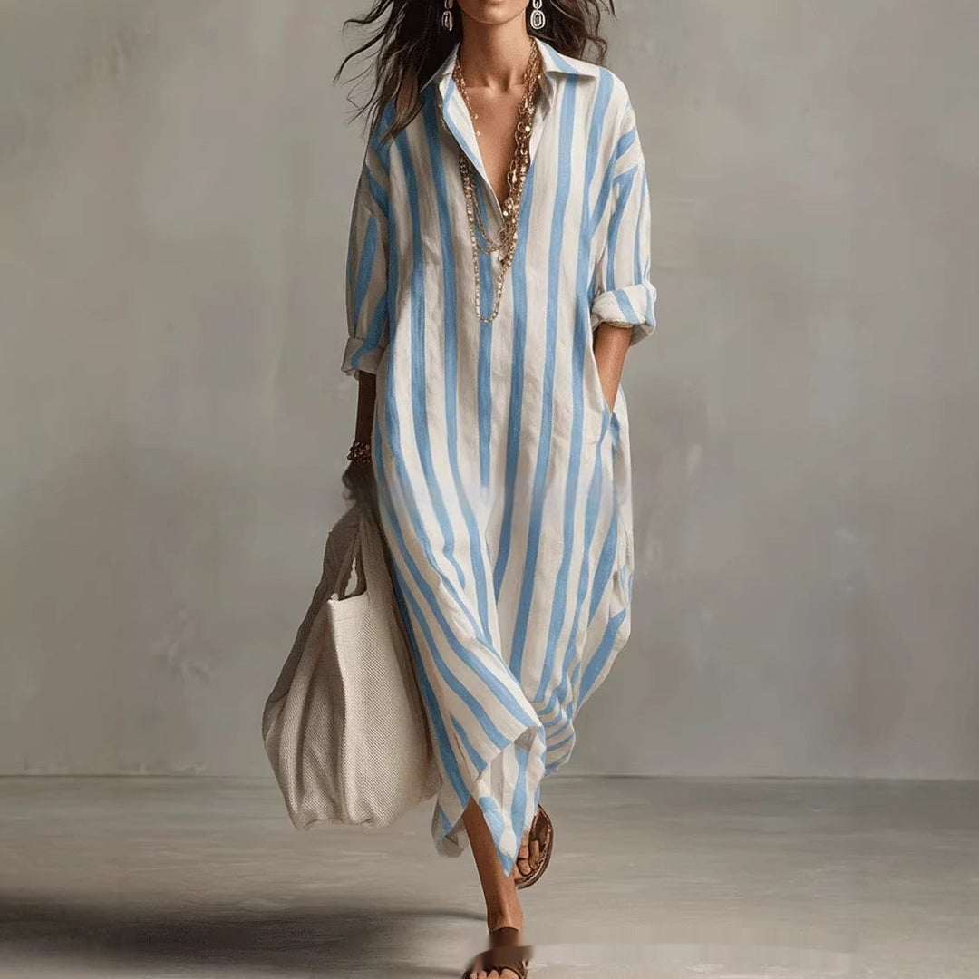 Striped Lapel Collar Dress – Side Slits &amp; Pockets