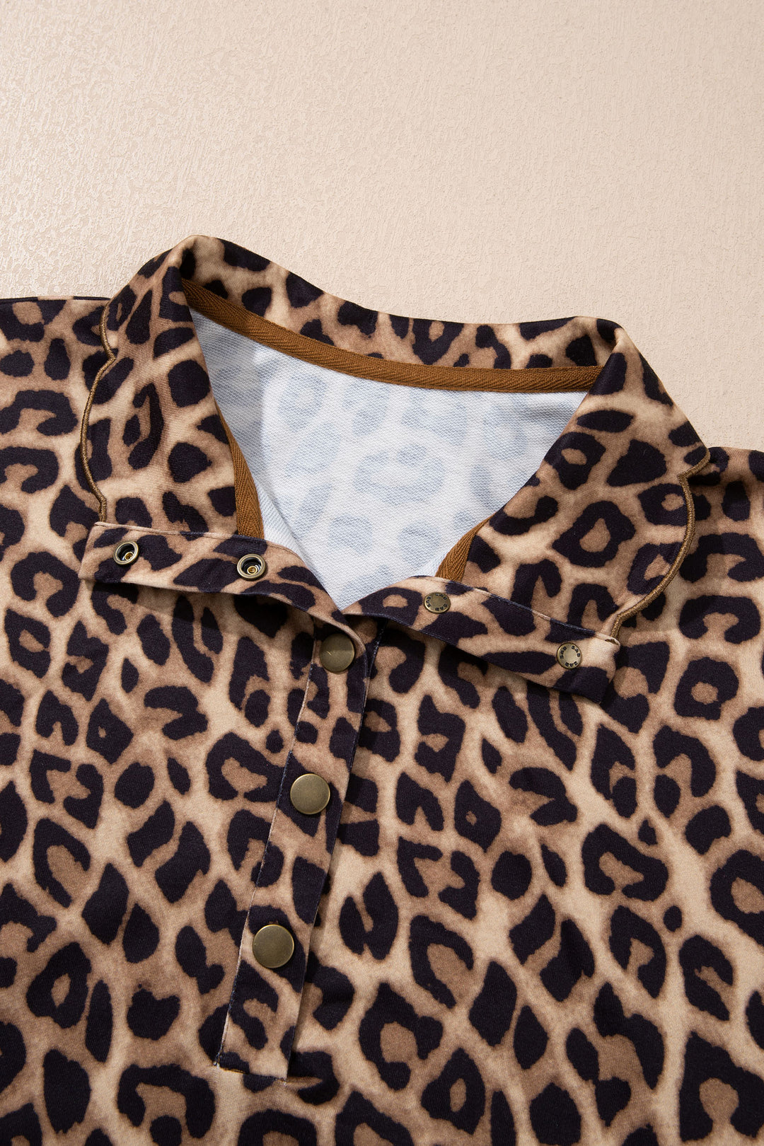 Khaki Buttoned Collar Short Sleeve Shift Leopard Dress with Pockets