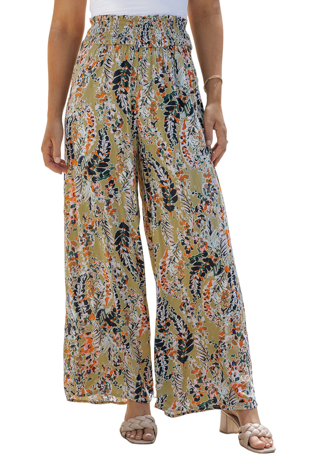 Multicolor Floral Print Shirred High Waist Wide Leg Casual Pants