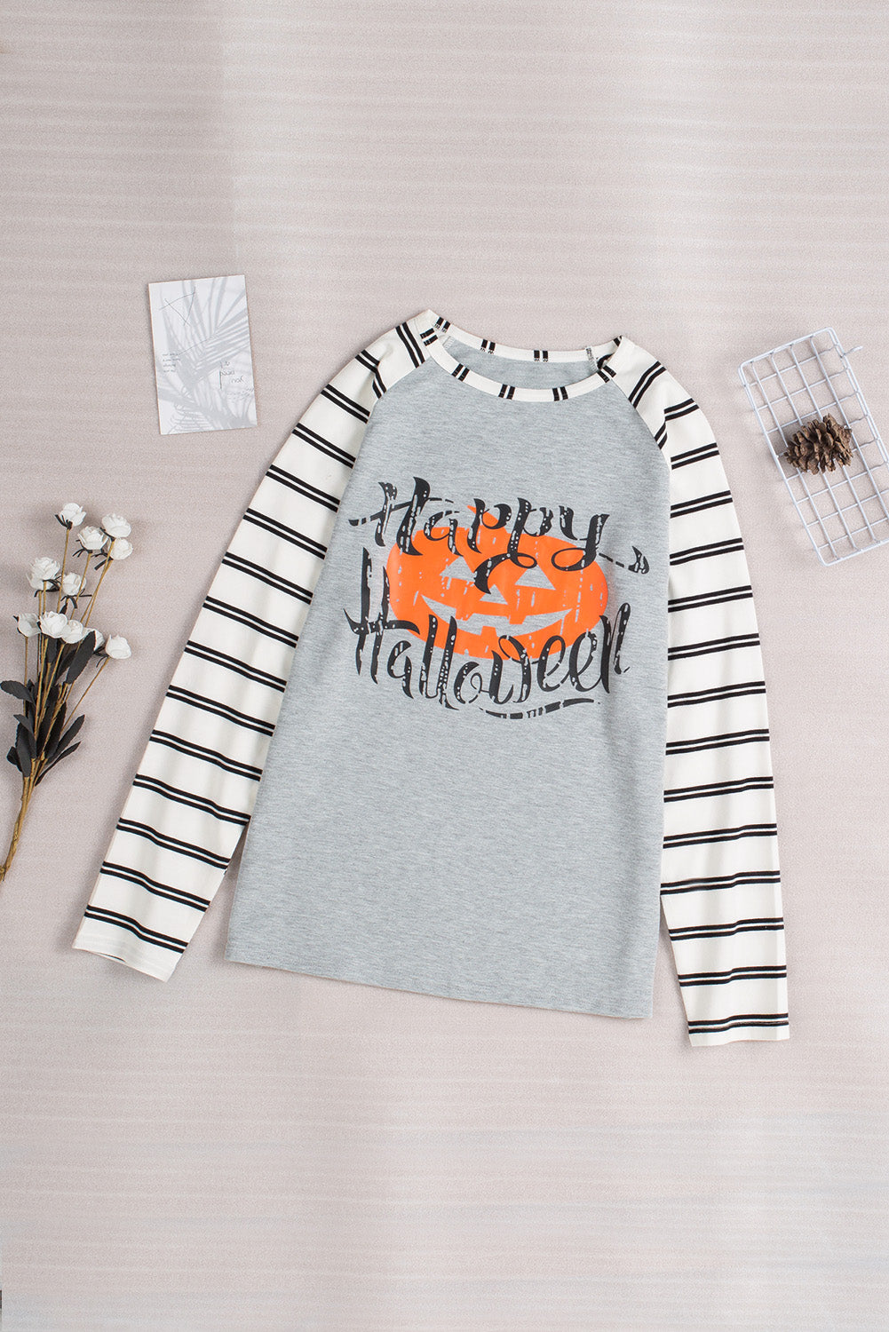 Letter Striped Pumpkin Print Halloween Long Sleeve Blouse