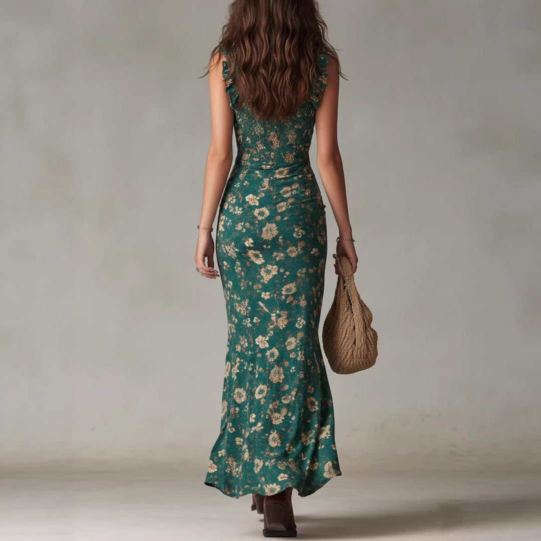 Ruffle Trim Asymmetrical Chiffon Maxi Dress – High Slit &amp; High Waist
