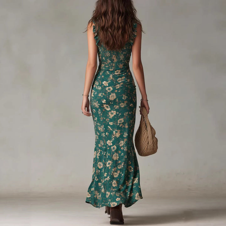 Ruffle Trim Asymmetrical Chiffon Maxi Dress – High Slit &amp; High Waist
