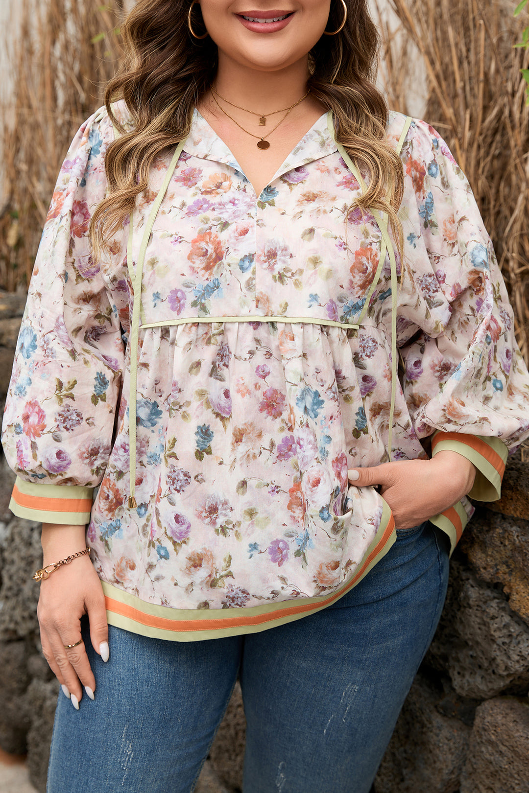 Black Plus Size Floral Print Contrast Trim Striped Detail Babydoll Blouse