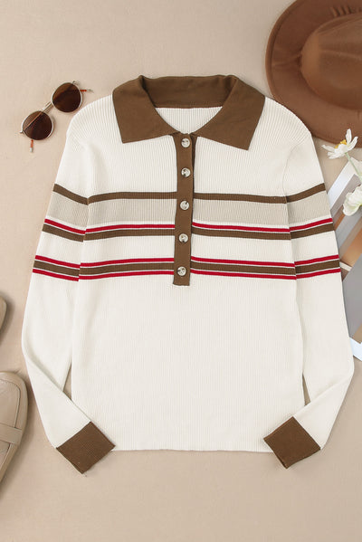 Half Button Contrast Stripe Long Sleeve Knit Top