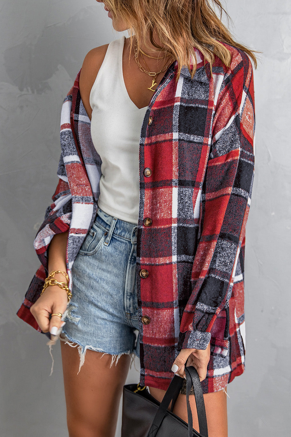 Gray Plaid Print Buttoned Shirt Jacket