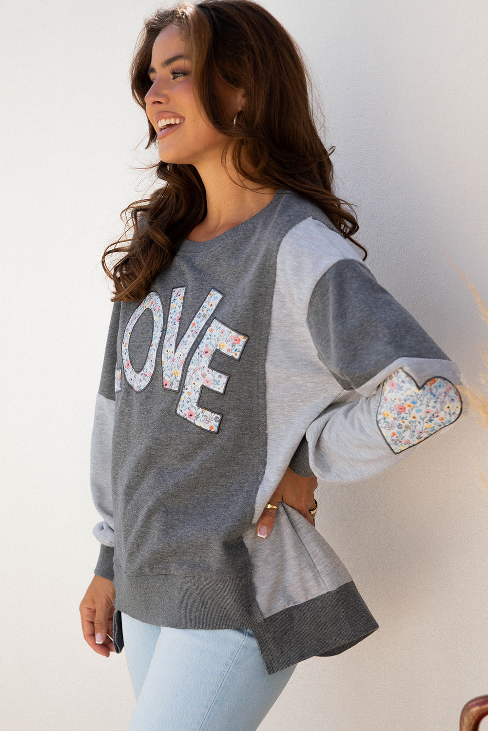 Dark Grey LOVE Graphic Exposed Seam Patchwork Uneven Hem Chic Sweatshirt