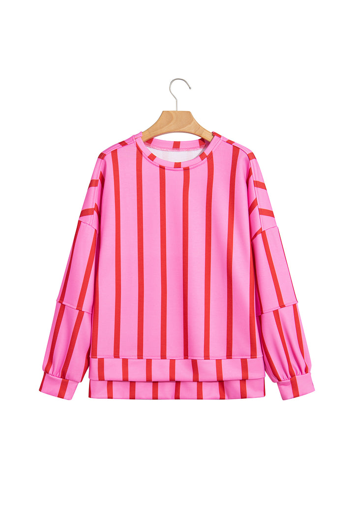 Pink Stripe Dropped Shoulder Round Neck Casual Sweatshirt
