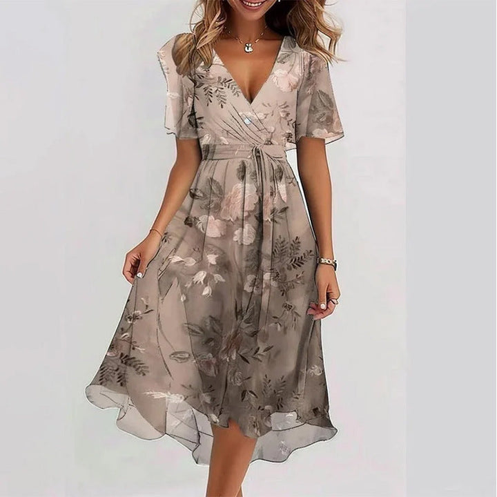Floral Print A-Line Dress – V-Neck Short Sleeve Midi Dress