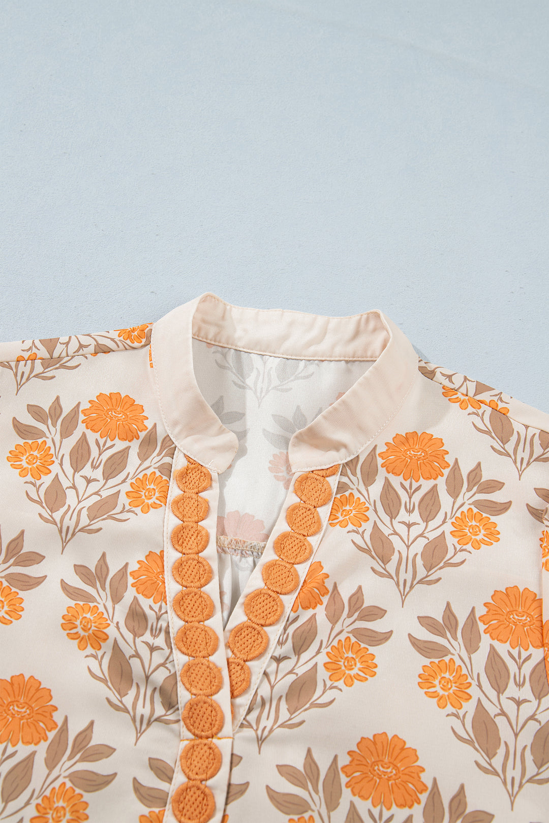 Orange Floral Print Contrast Detail V Neck Long Sleeve Blouse