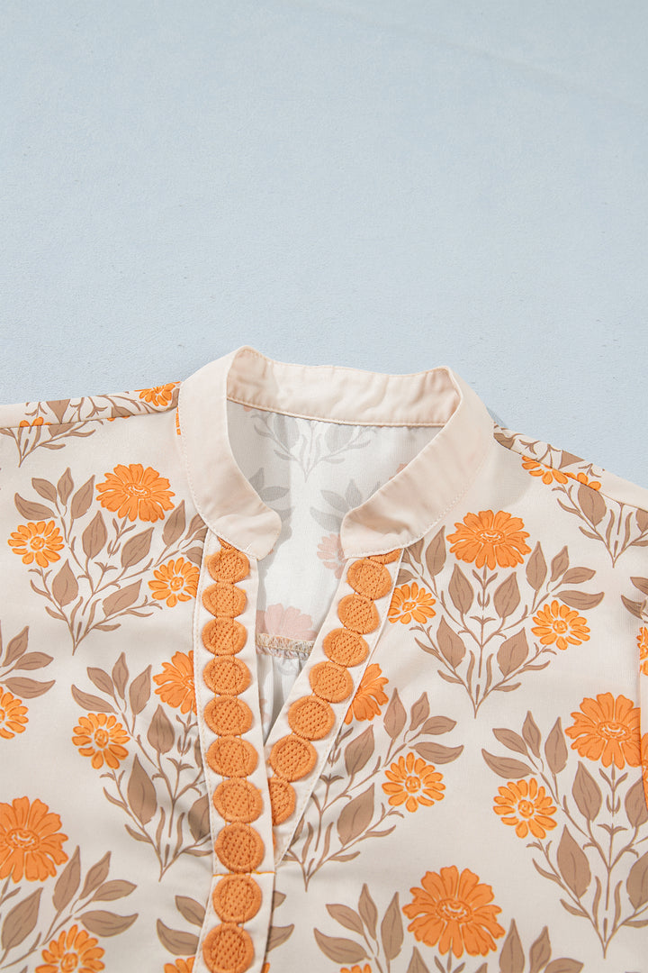 Orange Floral Print Contrast Detail V Neck Long Sleeve Blouse