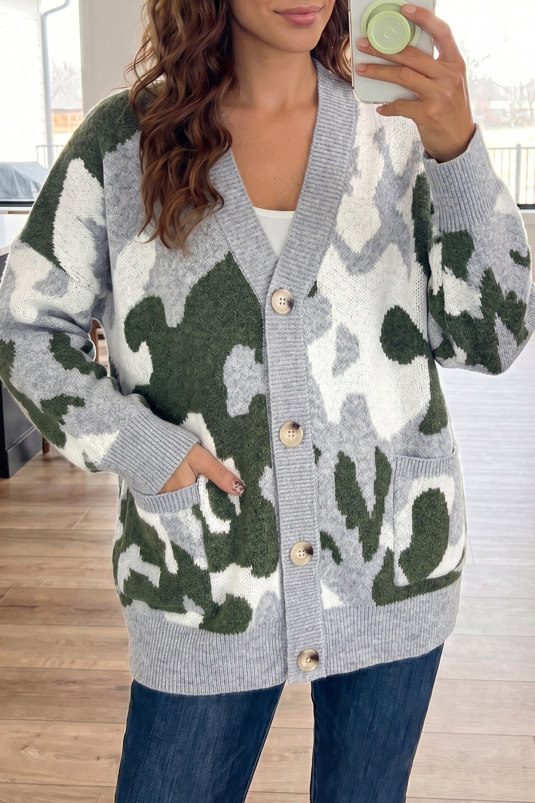 Green Camouflage Drop Shoulder V Neck Button Front Cardigan