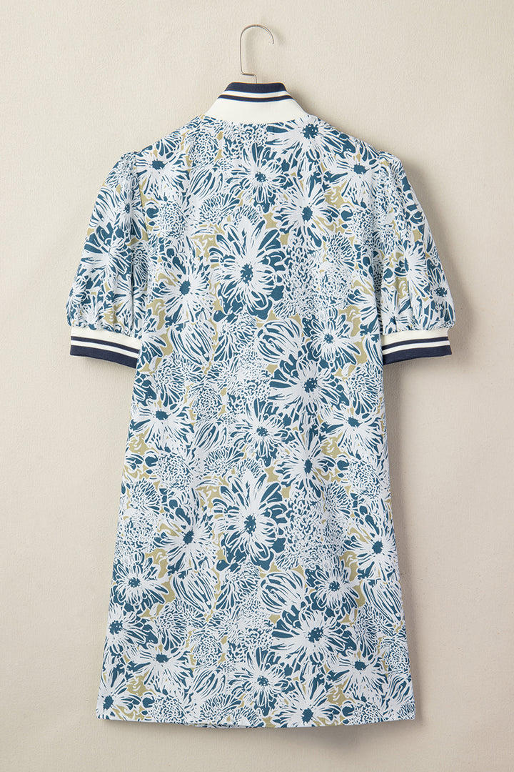 Blue Floral Print Striped Webbing Patchwork Collar Short Sleeve Mini Dress