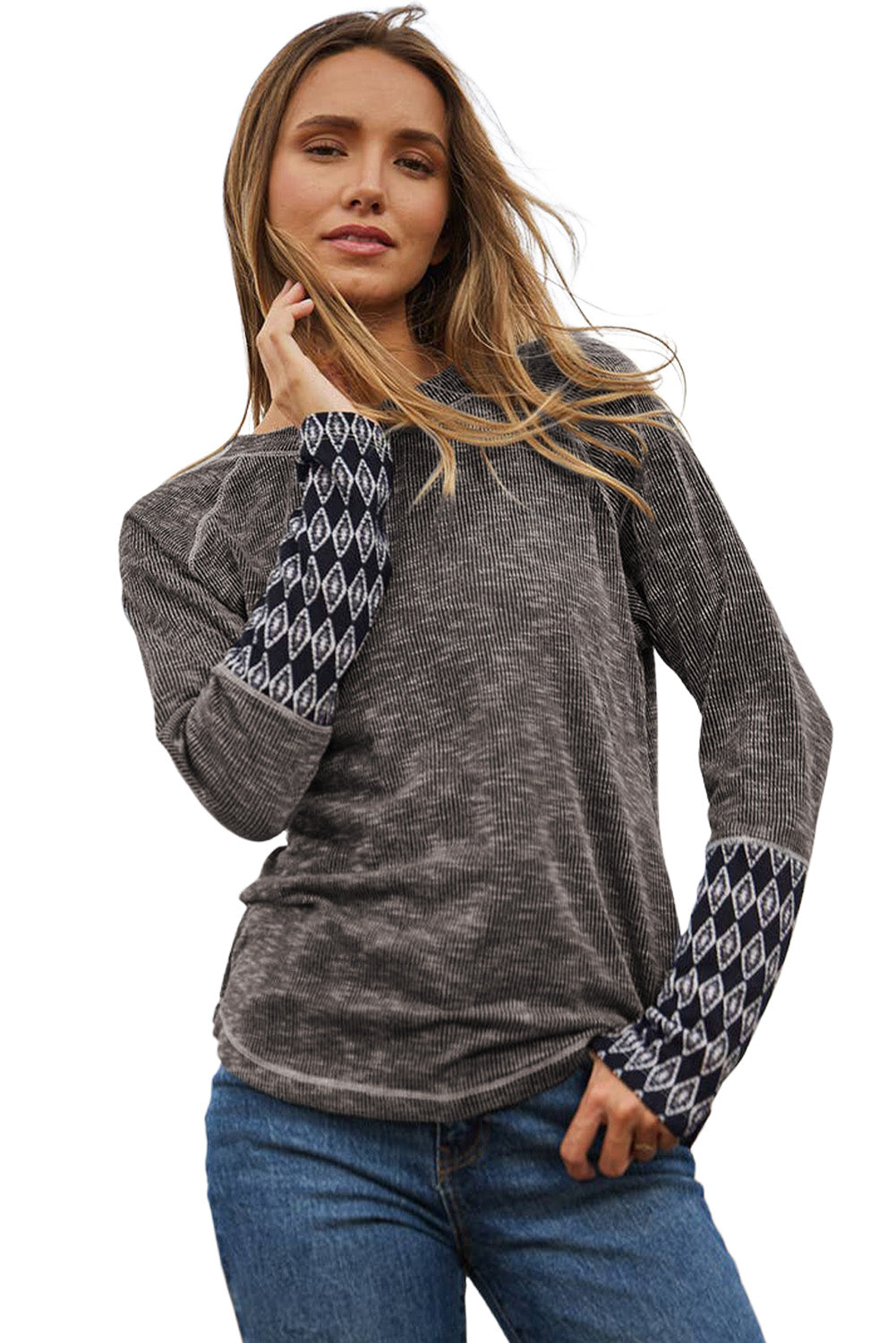 Gray Aztec Patchwork Ribbed Long Sleeve Top