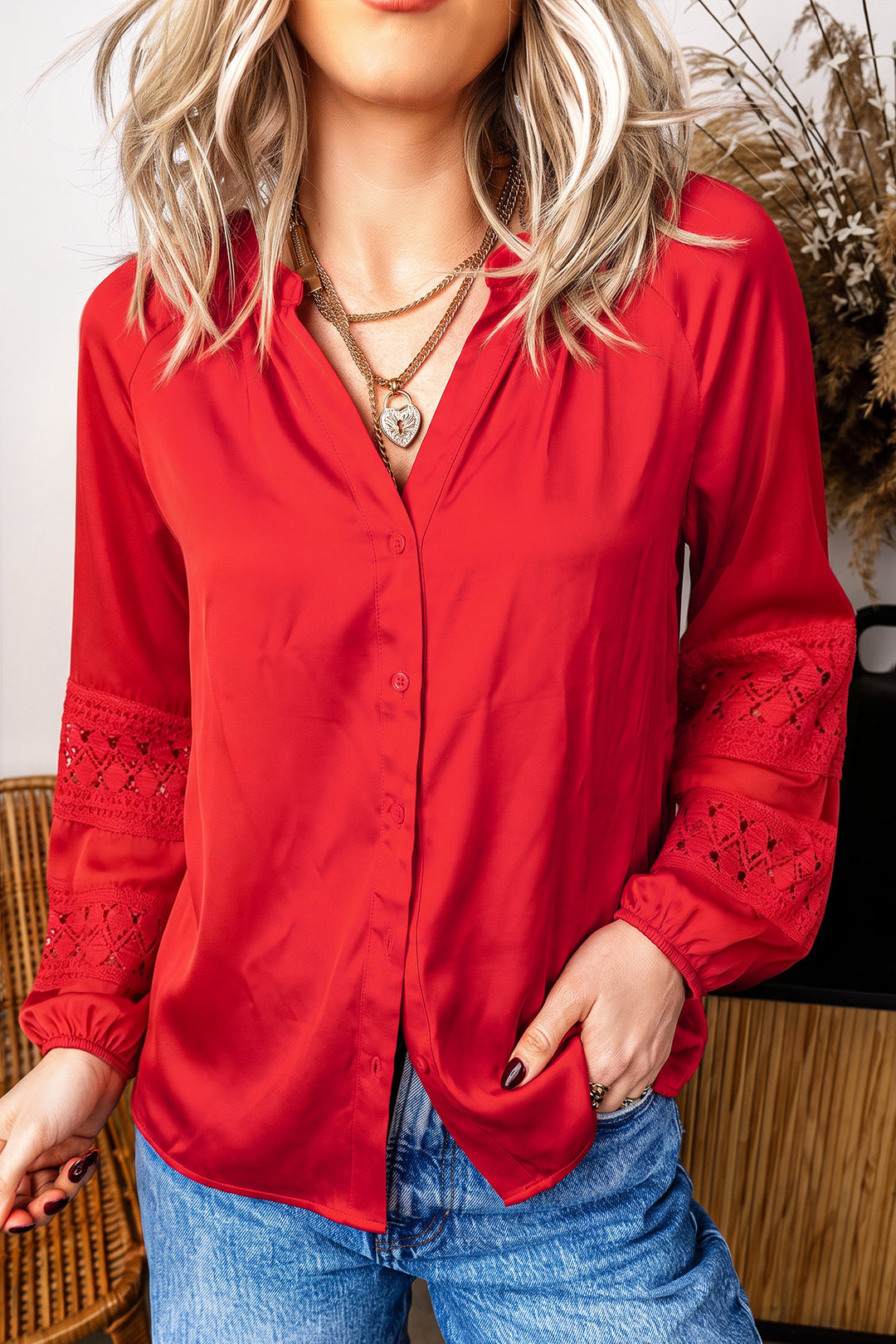 Fiery Red Patchwork Lace Long Sleeve V Neck Button Front Shirt