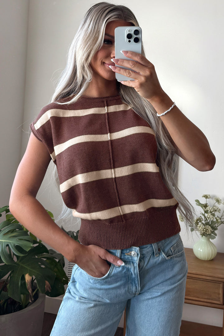 Rose Stripe Knit Western Short Sleeve Sweater