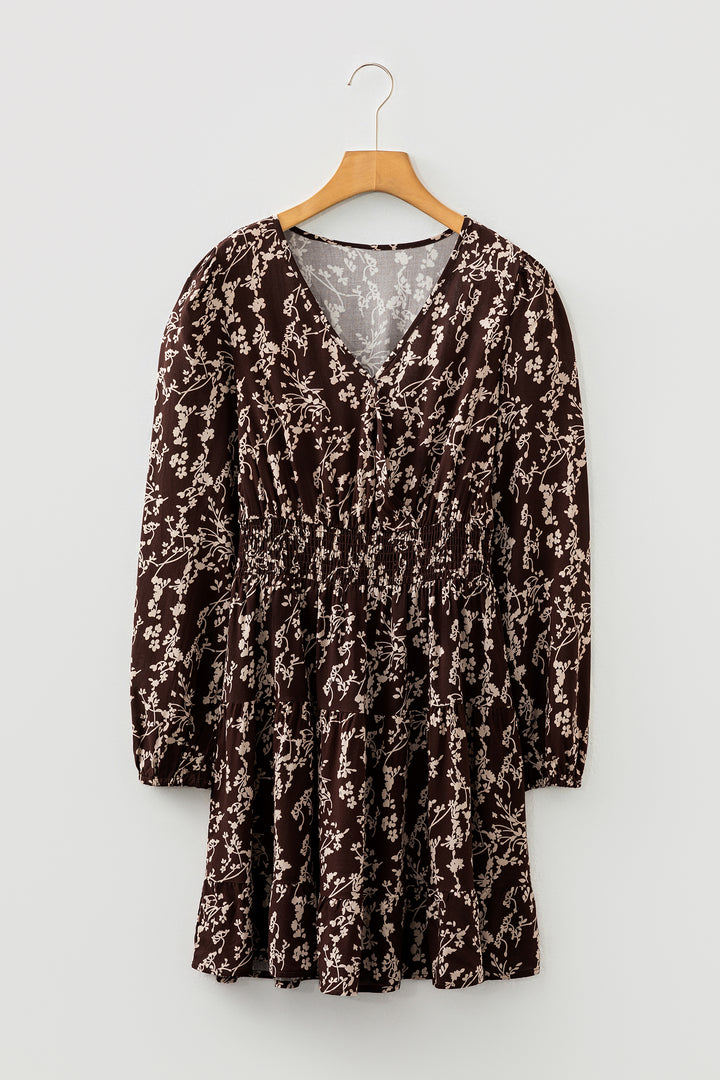 Brown Ditsy Floral Print Split Neck Long Sleeve Shirred Waist Flared Mini Dress