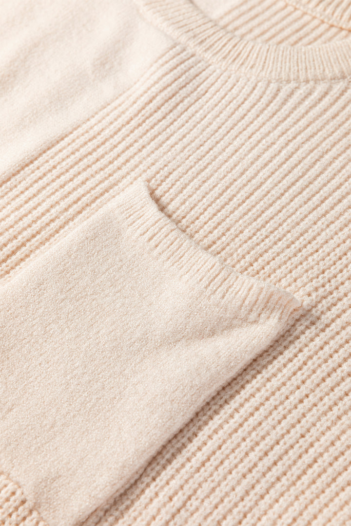 Jet Stream Solid Color Mixed Knits Patch Pocket Short Sleeve Sweater