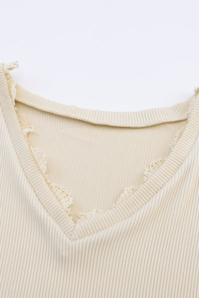 Apricot Ribbed Texture Lace Trim V Neck Long Sleeve Top