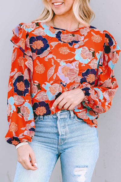 Fiery Red Floral Print Ruffle Puff Sleeve Blouse