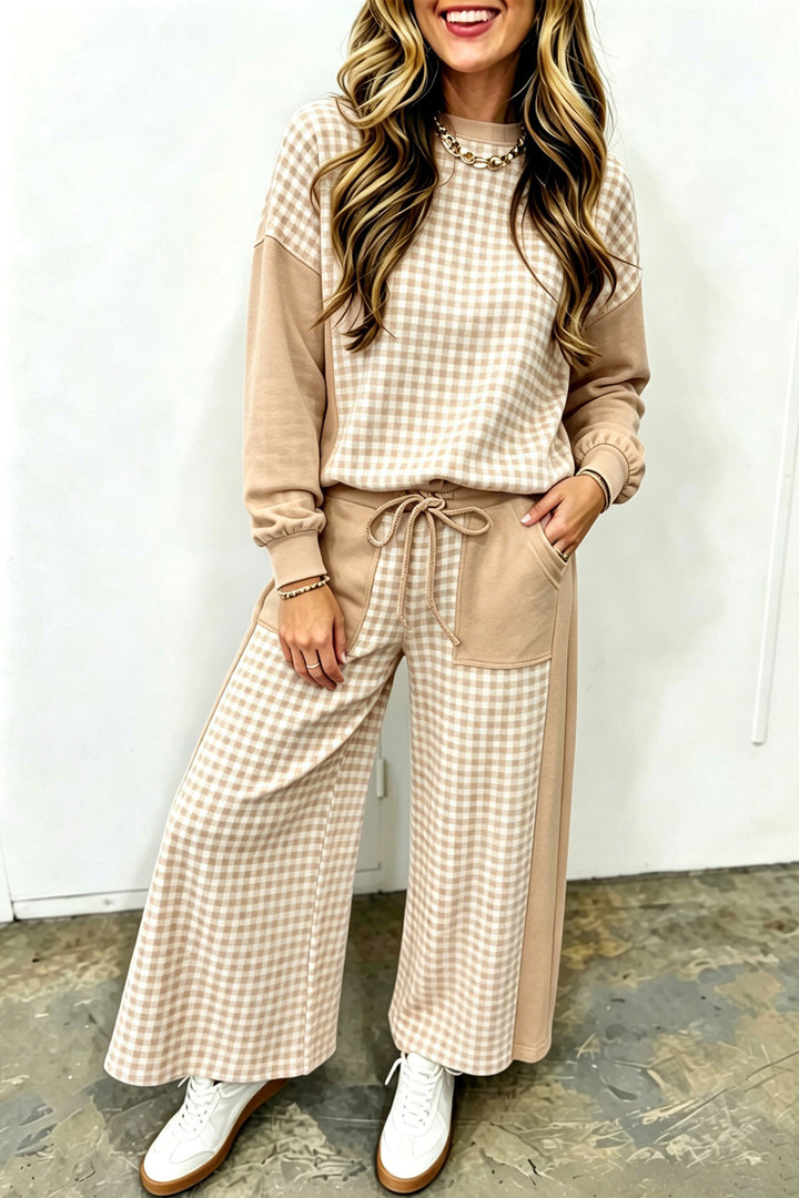 Red Color Block Plaid Patchwork Long Sleeve Pullover Wide Leg Pant Set
