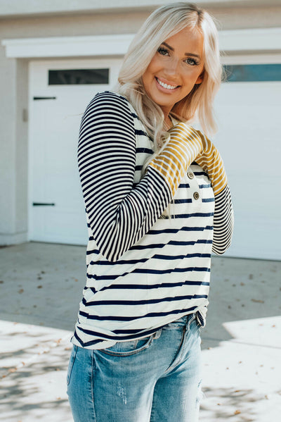 Long Sleeve Stripe Button Henley Top