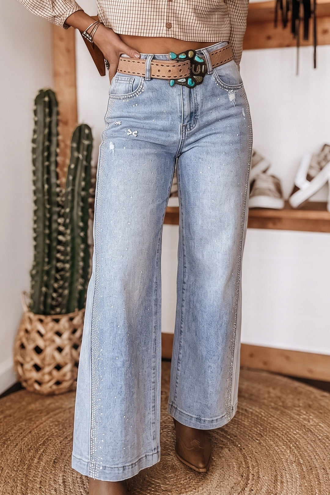 Beau Blue Rhinestone Embellished Western Ripped Shift Jeans