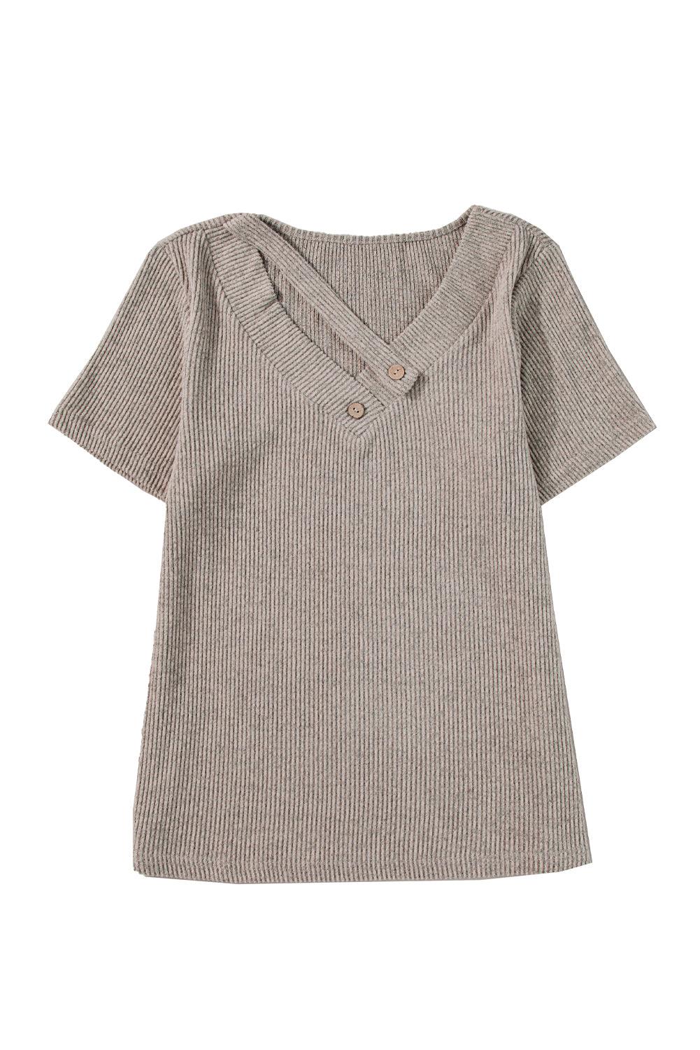 Pale Khaki Ribbed Buttoned Strappy V Neck Tee