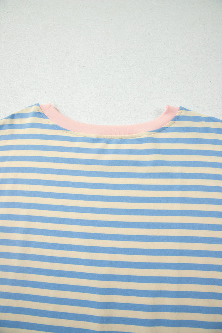 Sky Blue Stripe Plus Size Drop Shoulder Contrast Trim Round Neck Tee