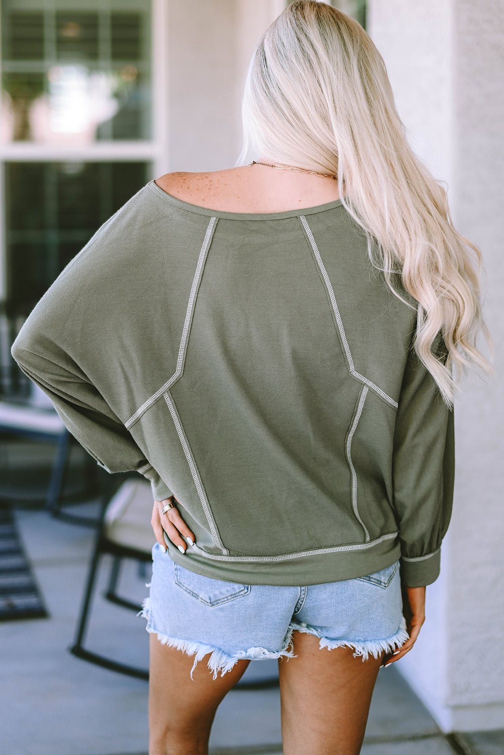 Green Exposed Seam Patchwork Dolman Sleeve Top