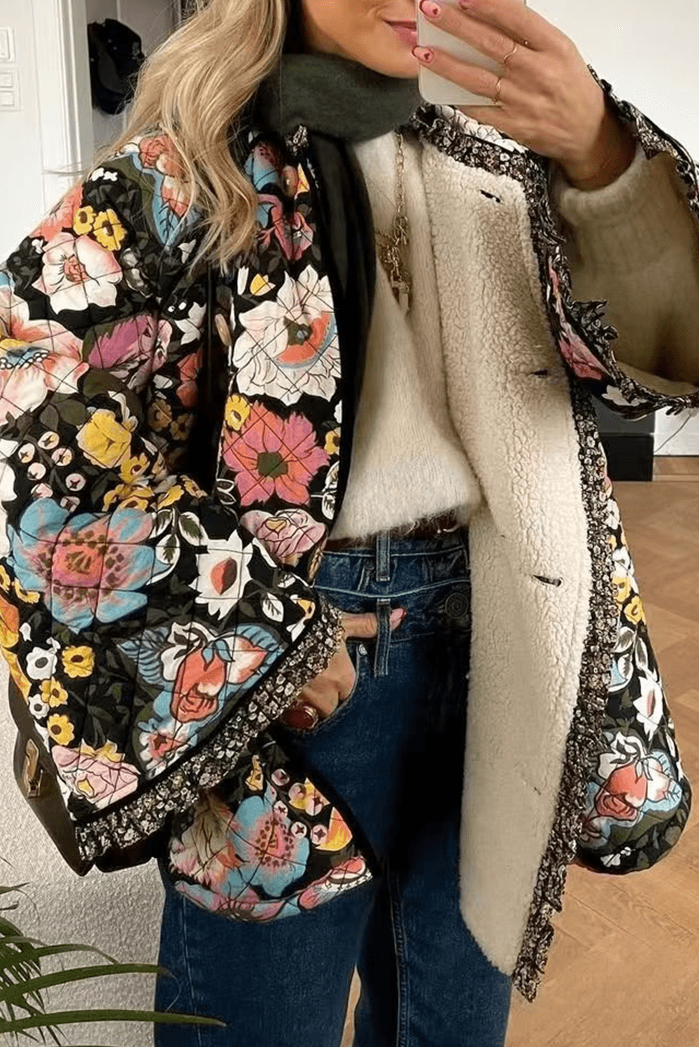 Black Floral Print Quilted Fleece Lined Buttoned Jacket