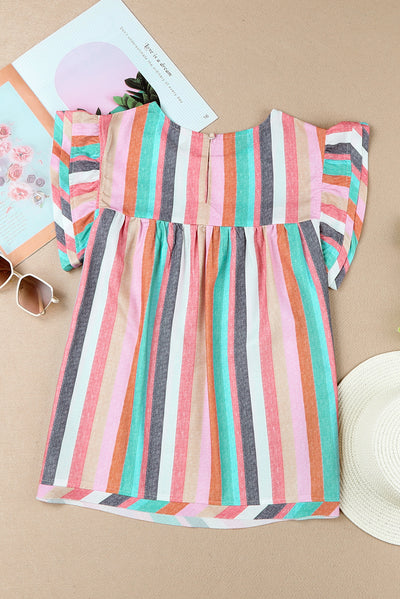 Multicolor Striped Tiered Ruffle Cap Sleeve Top