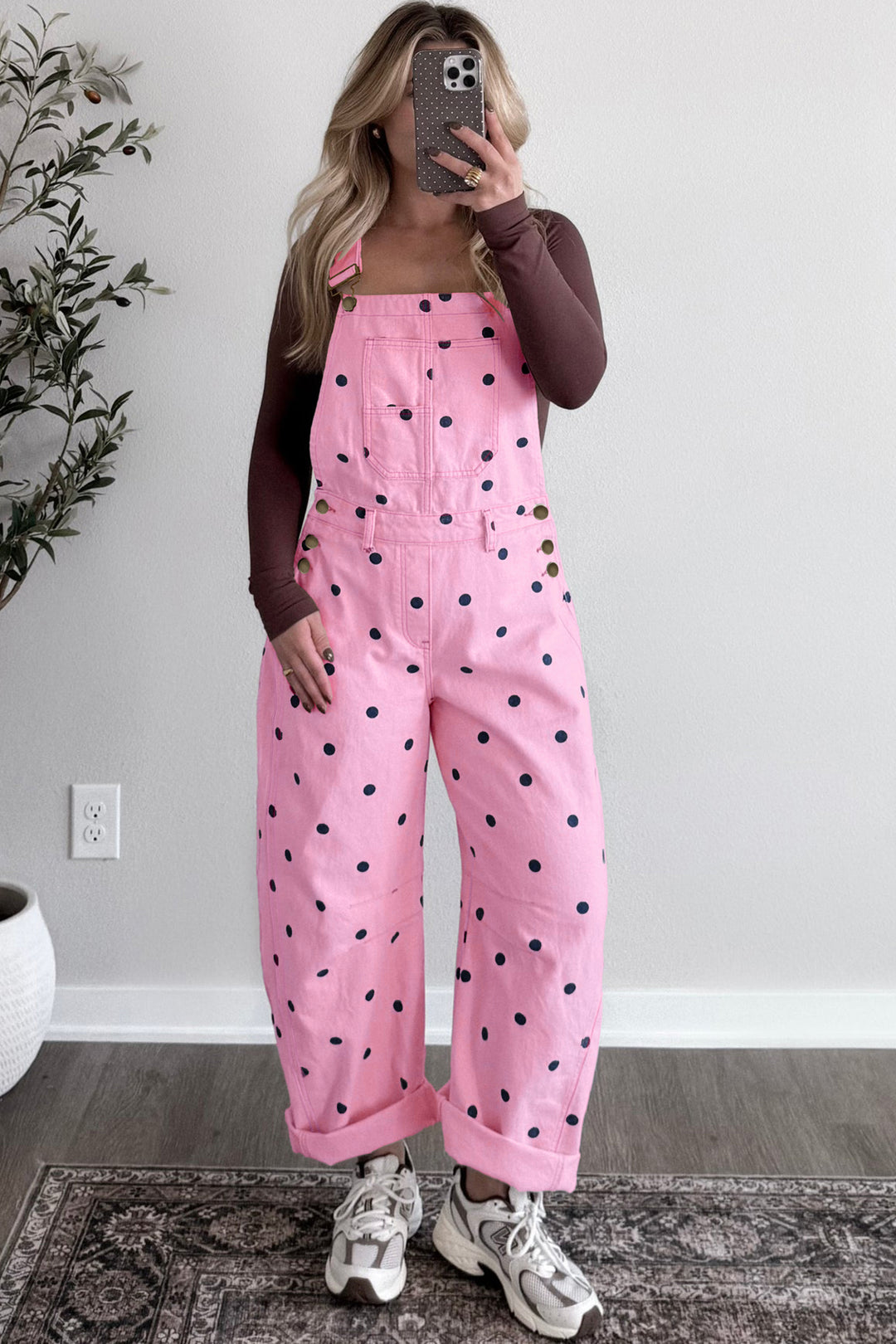 Jet Stream Polka Dot Print Bib Pocket Denim Barrel Overalls Jumpsuit