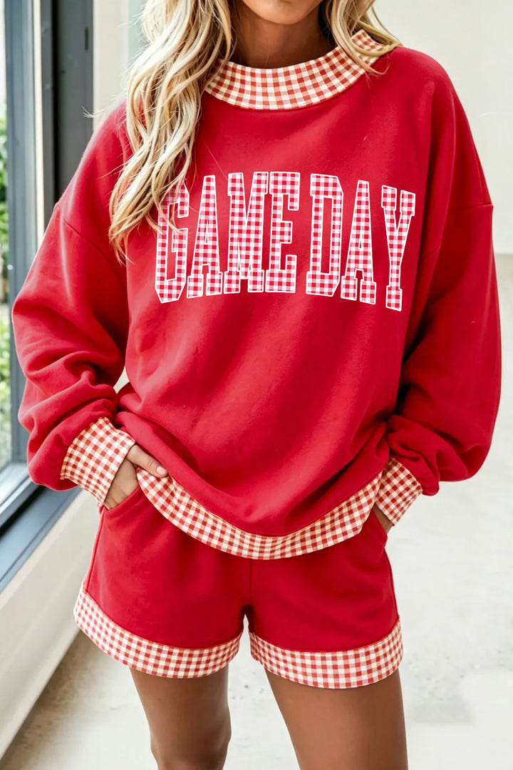 Fiery Red Game Day Gingham Trim Graphic Long Sleeve Top Shorts Set