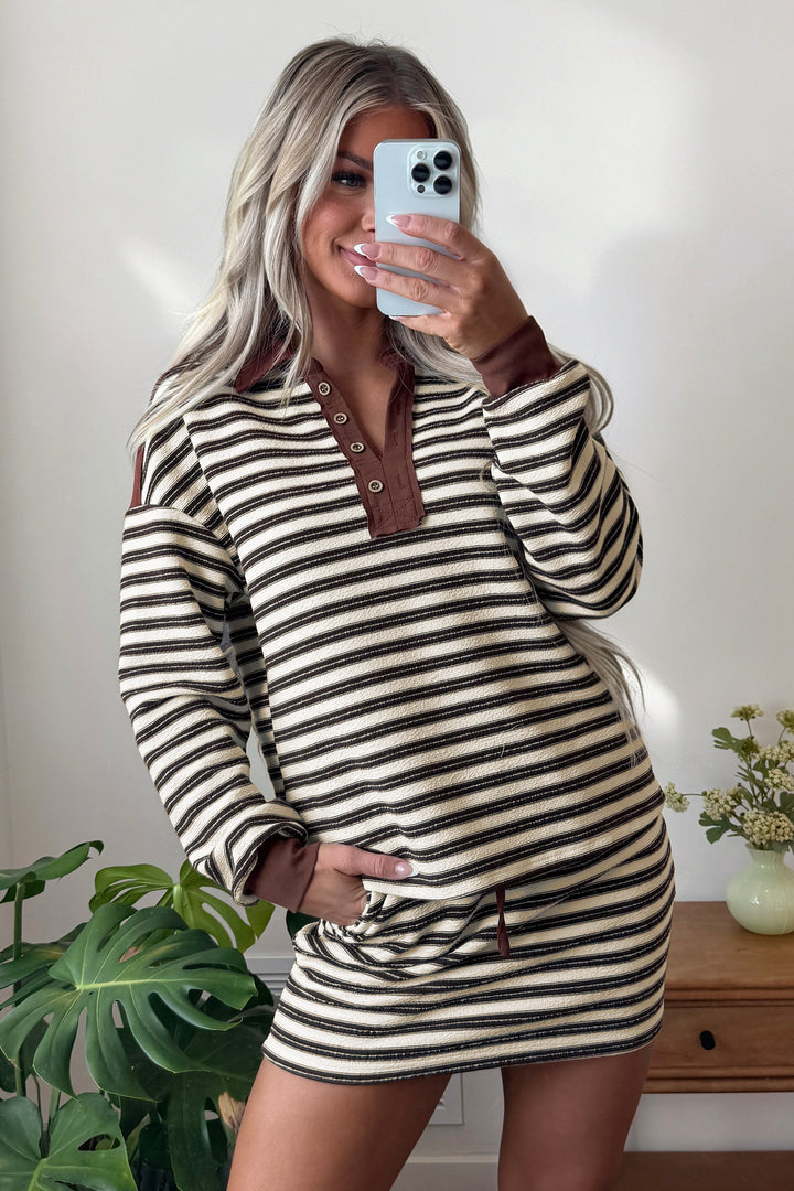 Brown Stripe Contrast Trim Button Neck Long Sleeve Top Drawstring Mini Skirt Set