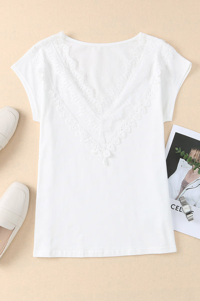 White Eyelash Lace Trim V Neck Top