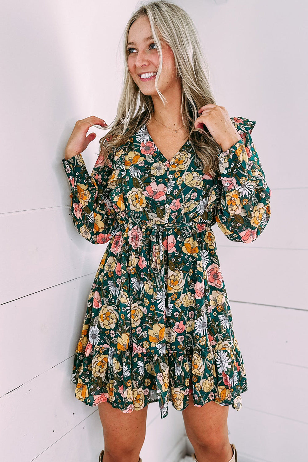 Green Buttoned Bodice Ruffled Floral Dress