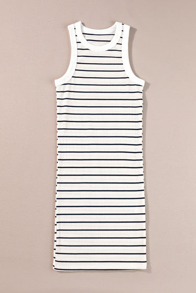 White Stripe Ribbed Knit Tank Mini Dress