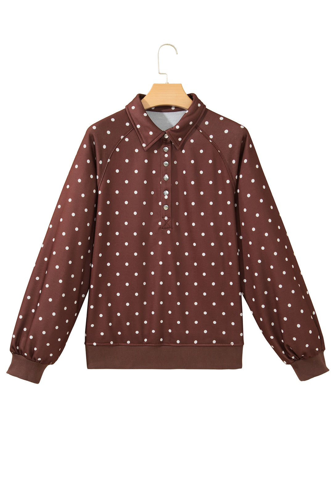 Pink Polka Dot Print Metal Button Collar Casual Pullover Sweatshirt
