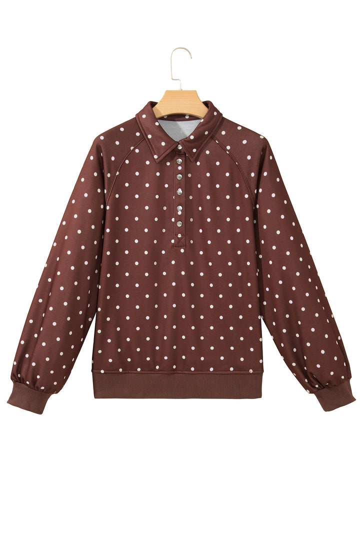 Pink Polka Dot Print Metal Button Collar Casual Pullover Sweatshirt