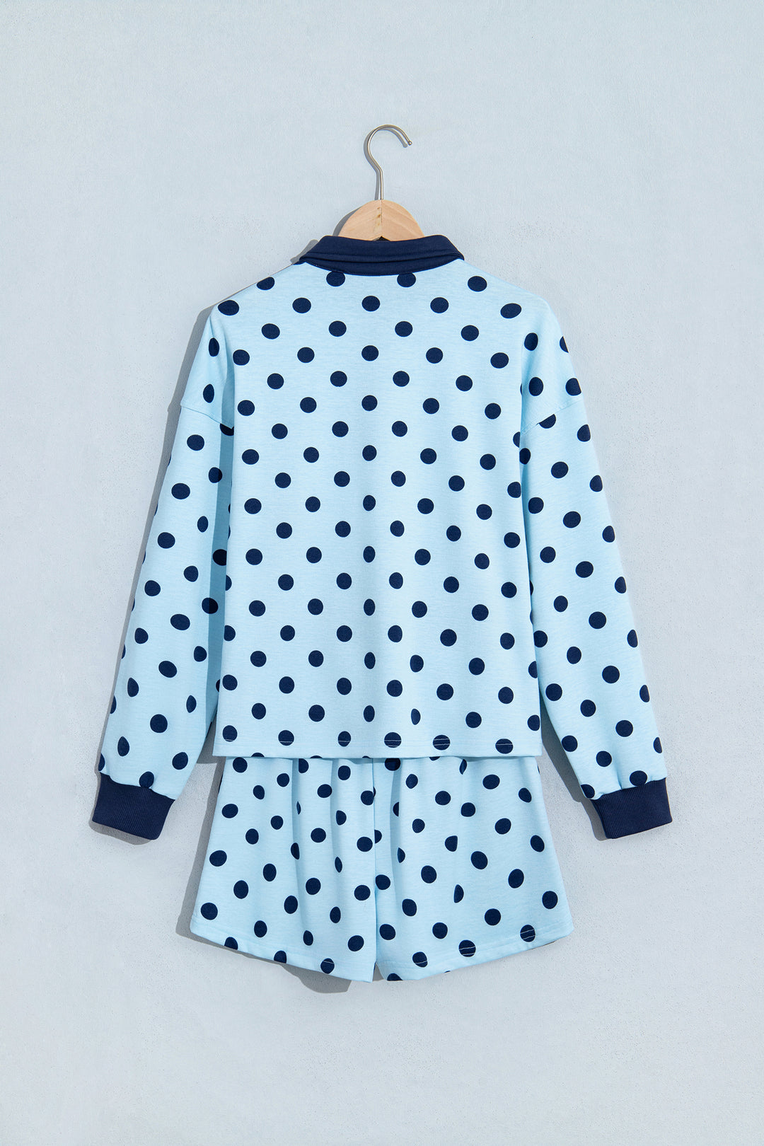 Sky Blue Polka Dot Drop Shoulder Polo Loose Pullover Patch Pocket Casual Shorts Set