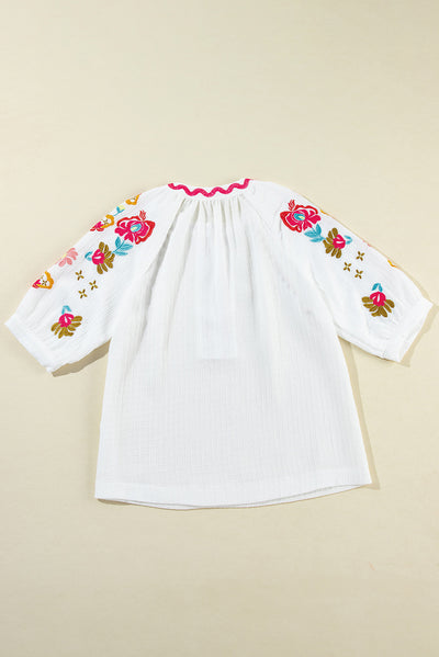 White Floral Embroidered Ricrac Puff Sleeve Textured Blouse