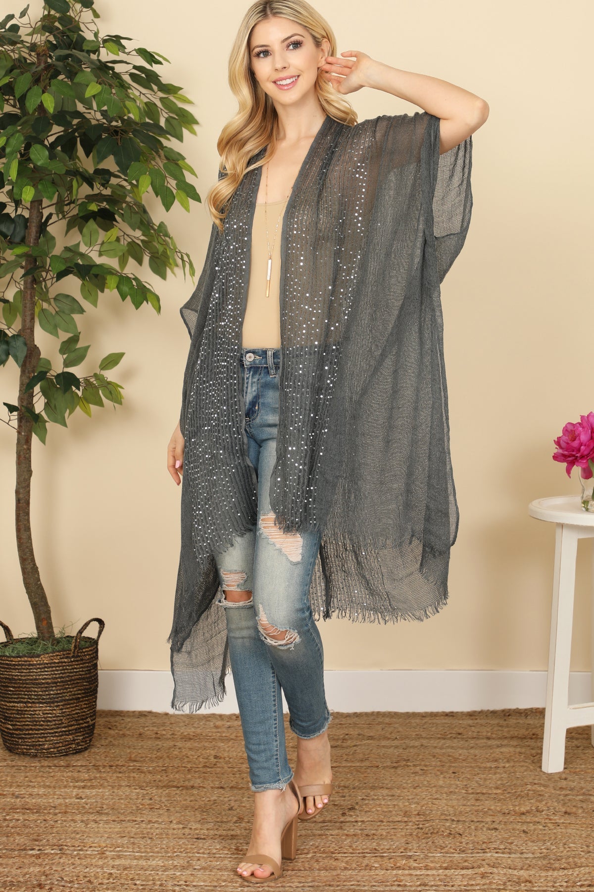 Hdf2498 - Glittered Fringed Open Cardigan