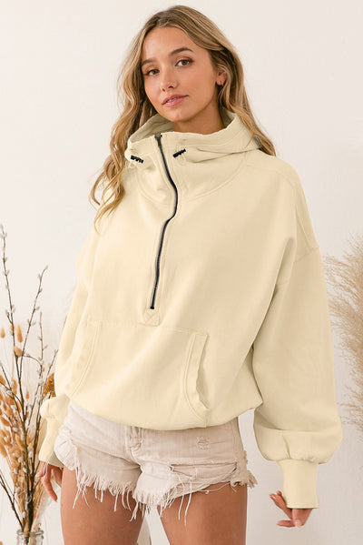 Beige Ribbed Trim Kangaroo Pocket Zipped Hoodie