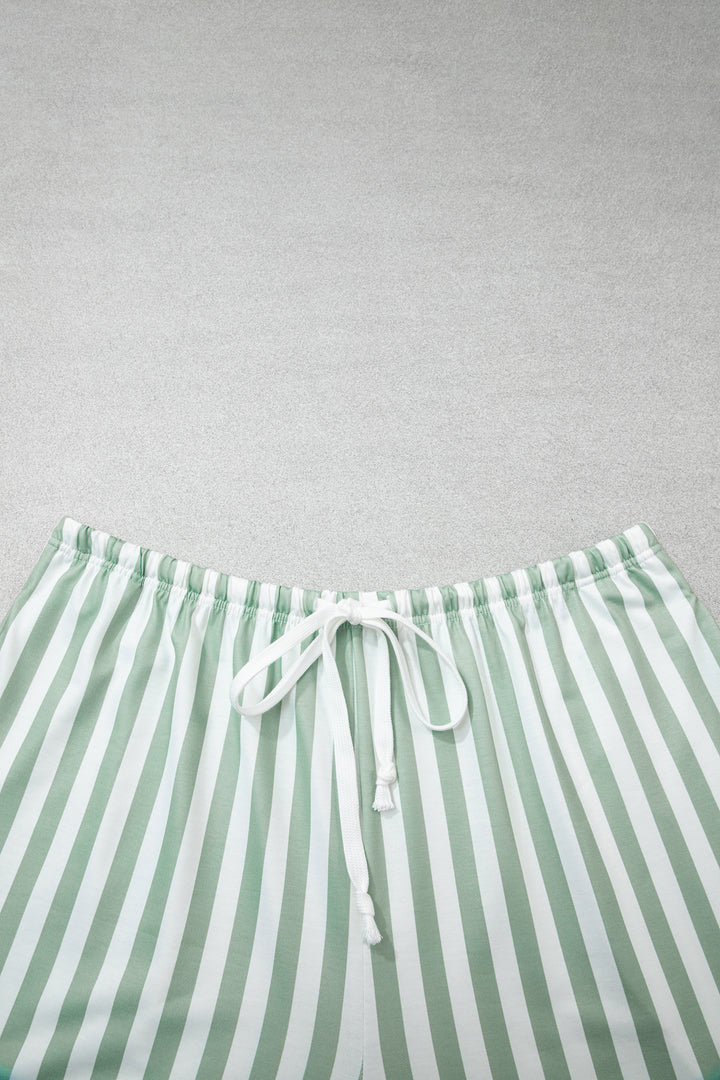 Smoke Green Striped Patchwork V Neck Two Piece Shorts Plus Size Set