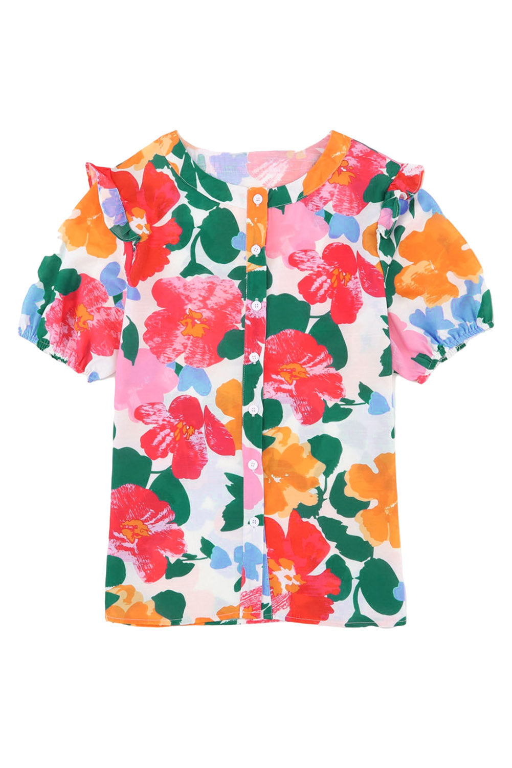 Multicolor Floral Print Ruffle Trim Puff Sleeve Shirt