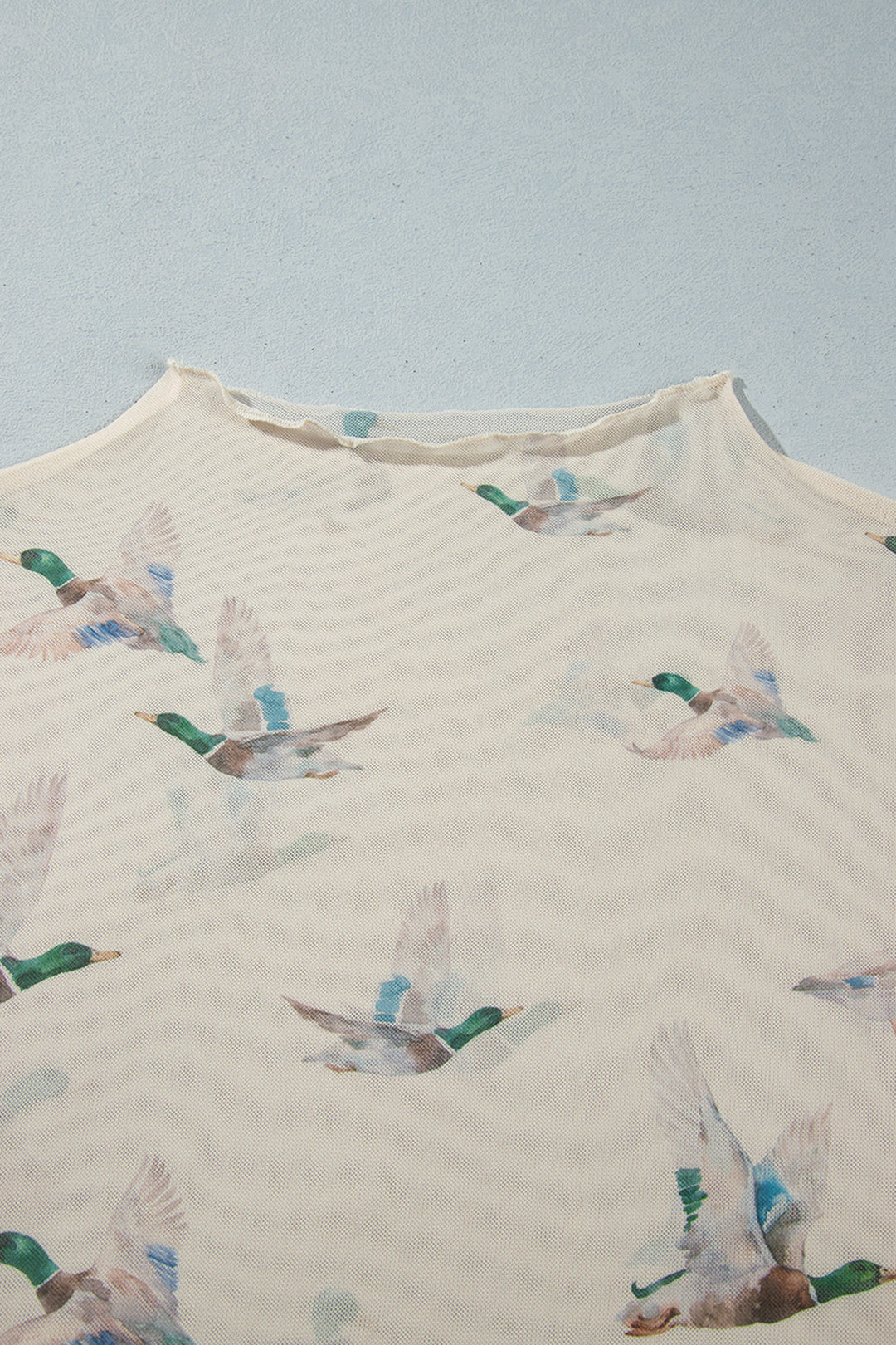 Beige Mesh Duck Print Tunic Long Sleeve Plus Size Blouse